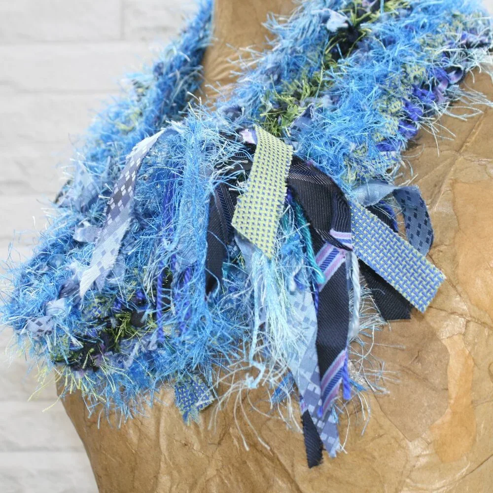 HAND CRAFTED Scarf Upcycled Crochet Infinity Oversized Fuzzy Necktie Blue Stripe